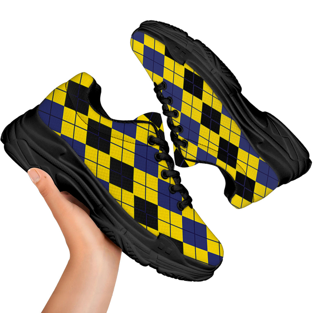 Black Blue And Yellow Argyle Print Black Chunky Shoes