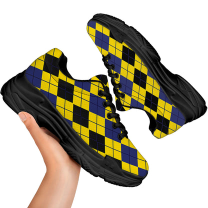 Black Blue And Yellow Argyle Print Black Chunky Shoes
