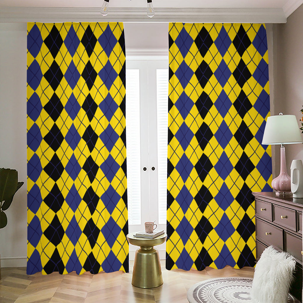 Black Blue And Yellow Argyle Print Blackout Pencil Pleat Curtains