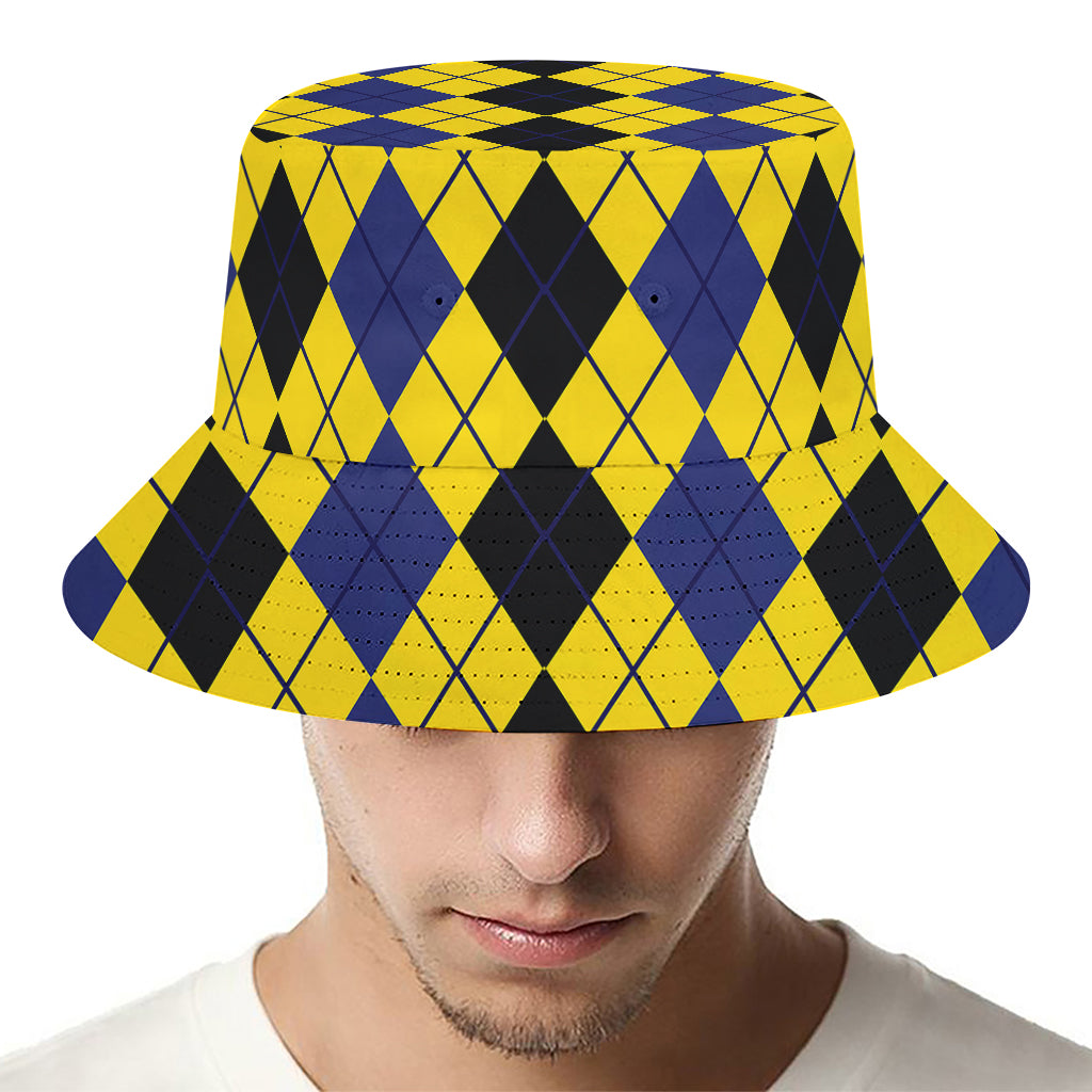 Black Blue And Yellow Argyle Print Bucket Hat