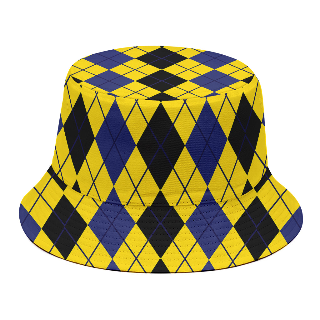 Black Blue And Yellow Argyle Print Bucket Hat