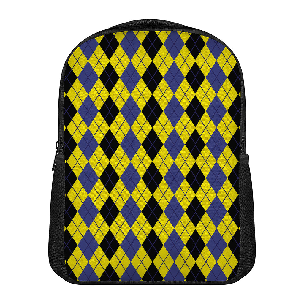 Black Blue And Yellow Argyle Print Casual Backpack
