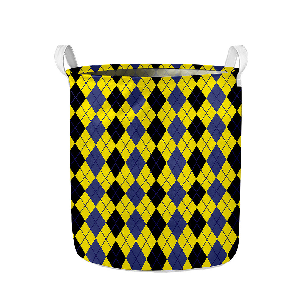 Black Blue And Yellow Argyle Print Collapsible Laundry Basket