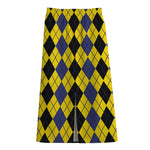 Black Blue And Yellow Argyle Print Cotton Front Slit Maxi Skirt