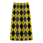 Black Blue And Yellow Argyle Print Cotton Front Slit Maxi Skirt