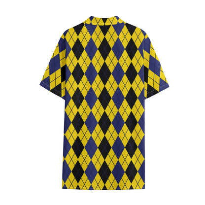 Black Blue And Yellow Argyle Print Cotton Hawaiian Shirt