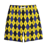 Black Blue And Yellow Argyle Print Cotton Shorts