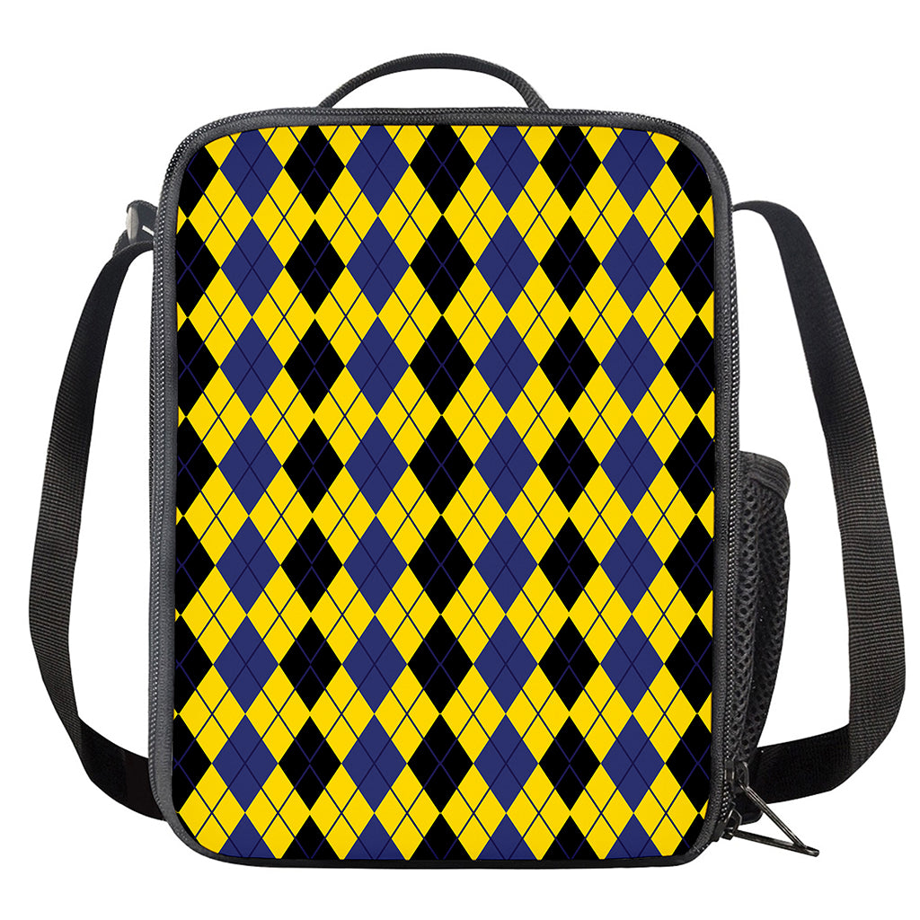 Black Blue And Yellow Argyle Print Crossbody Lunch Bag