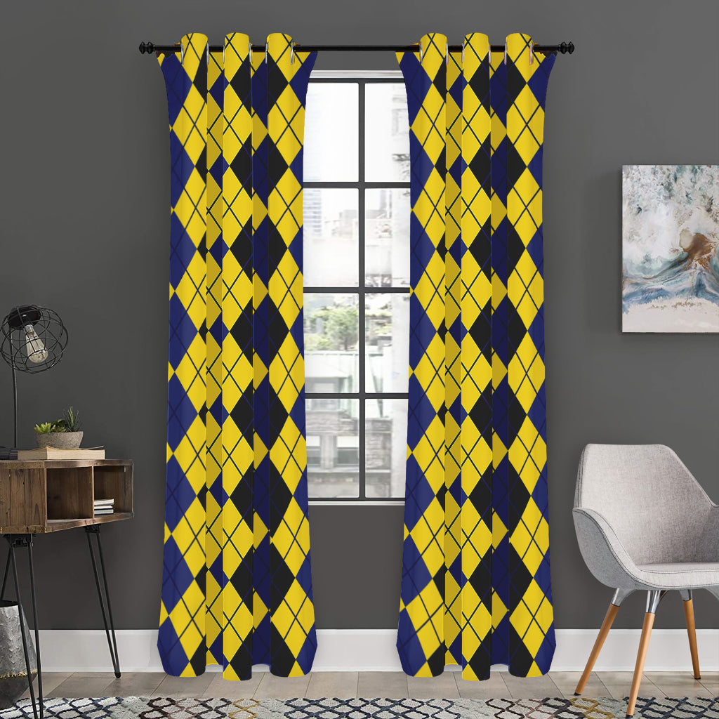 Black Blue And Yellow Argyle Print Curtain