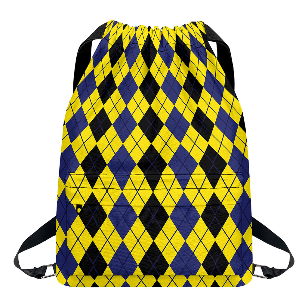Black Blue And Yellow Argyle Print Drawstring Backpack