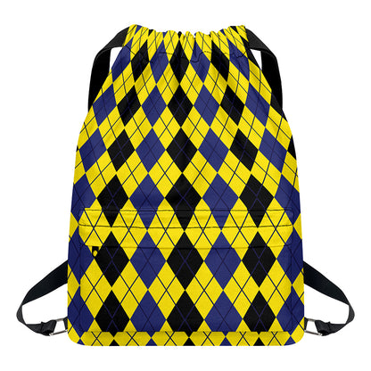 Black Blue And Yellow Argyle Print Drawstring Backpack