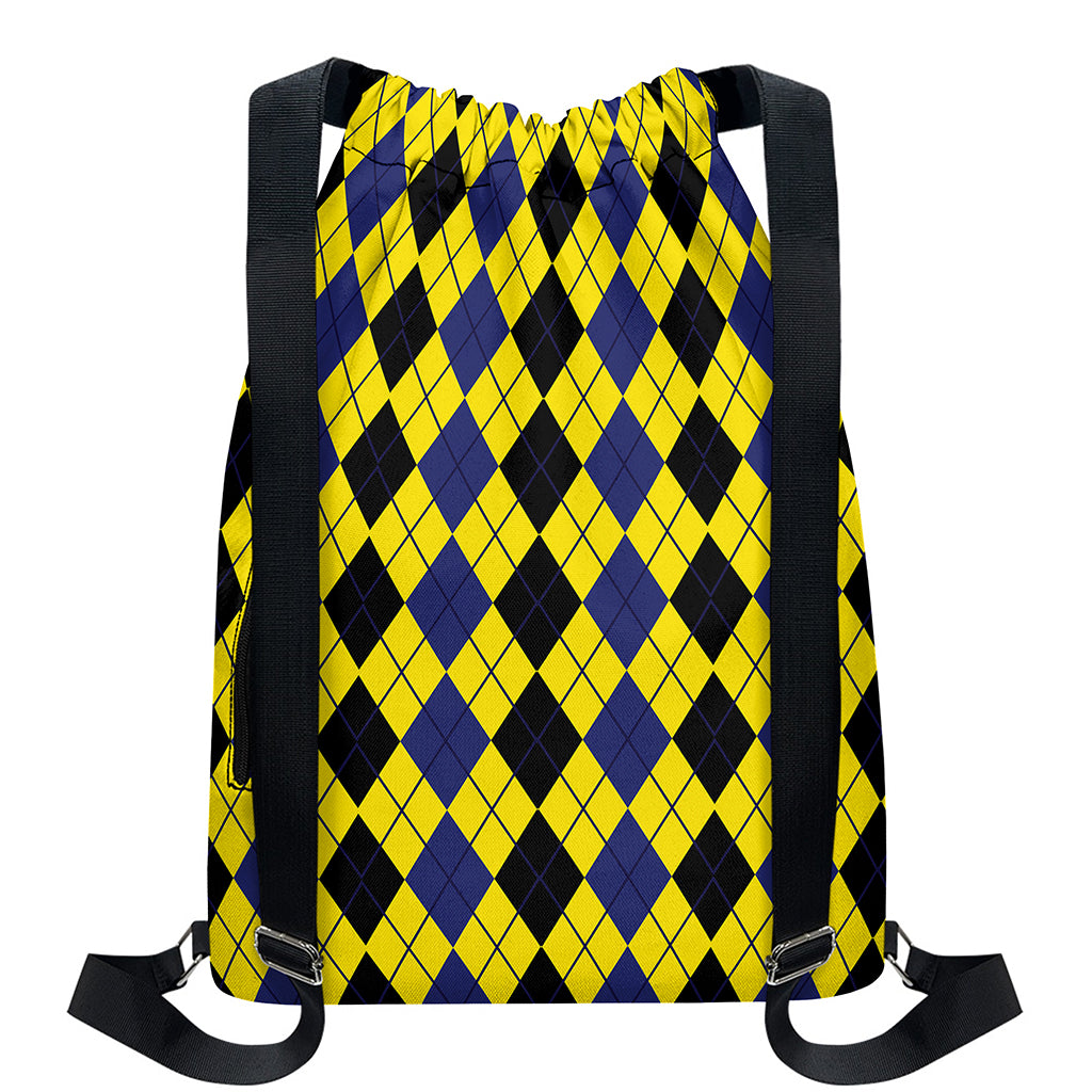 Black Blue And Yellow Argyle Print Drawstring Backpack
