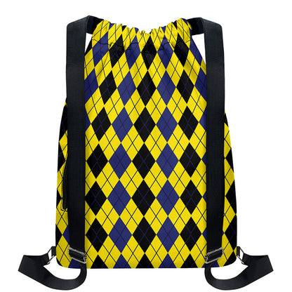 Black Blue And Yellow Argyle Print Drawstring Backpack