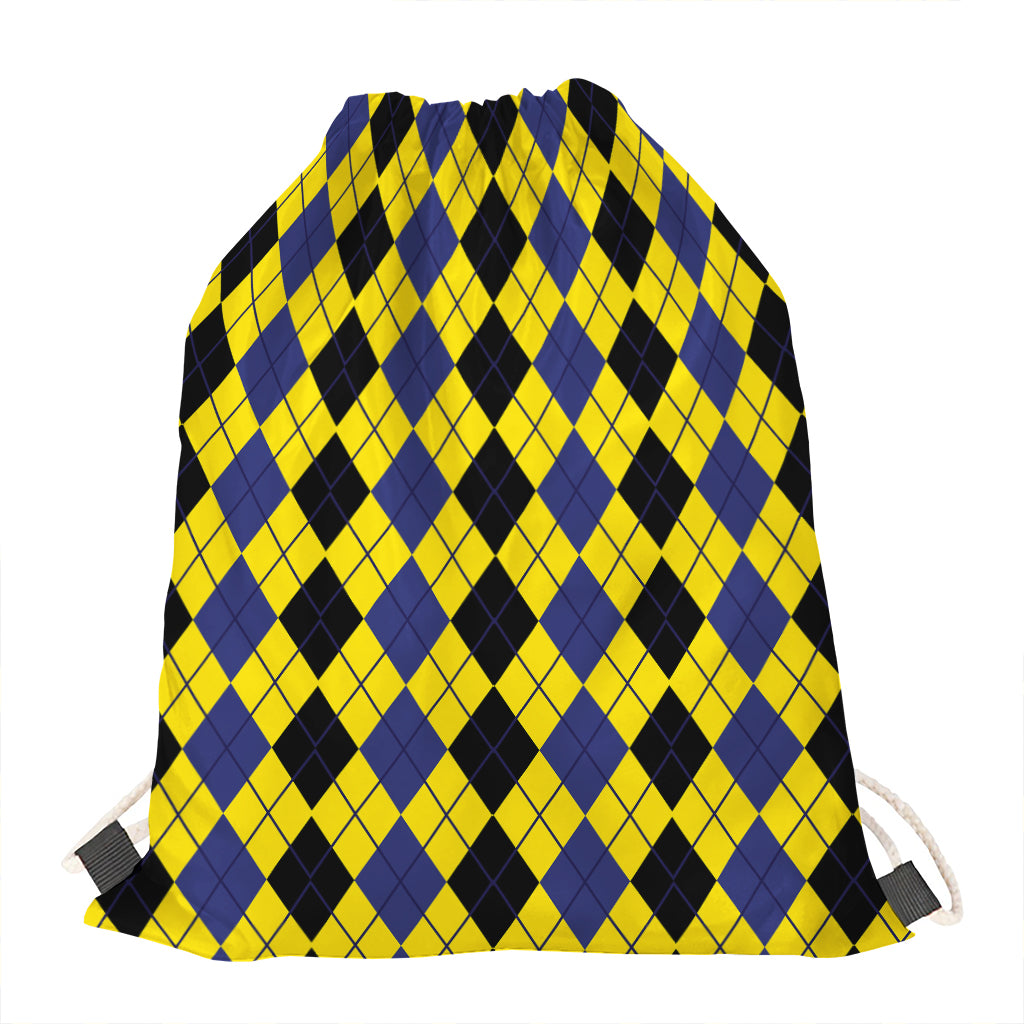 Black Blue And Yellow Argyle Print Drawstring Bag