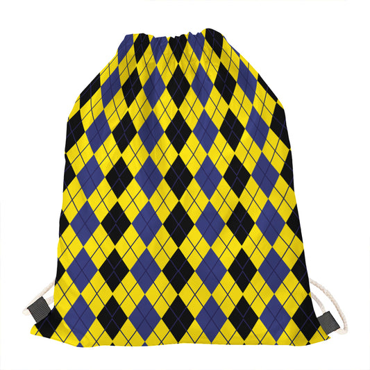 Black Blue And Yellow Argyle Print Drawstring Bag