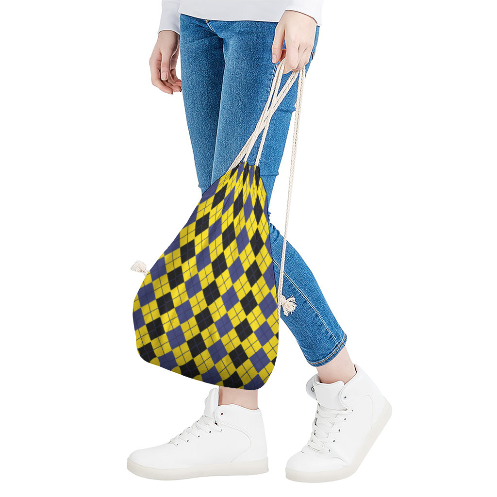 Black Blue And Yellow Argyle Print Drawstring Bag