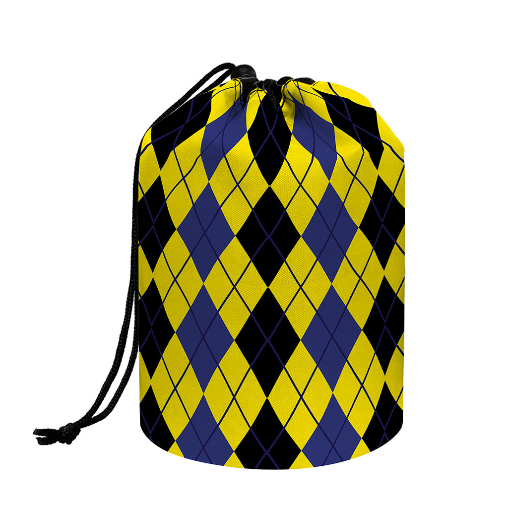 Black Blue And Yellow Argyle Print Drawstring Makeup Bag