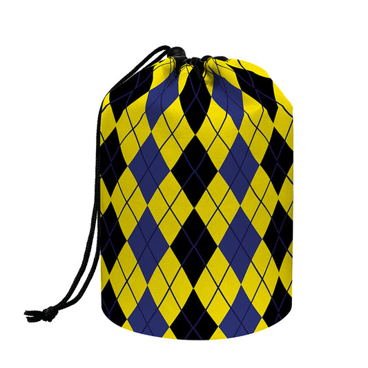 Black Blue And Yellow Argyle Print Drawstring Makeup Bag