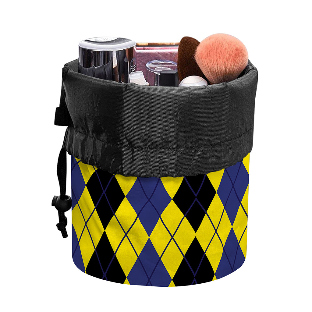Black Blue And Yellow Argyle Print Drawstring Makeup Bag