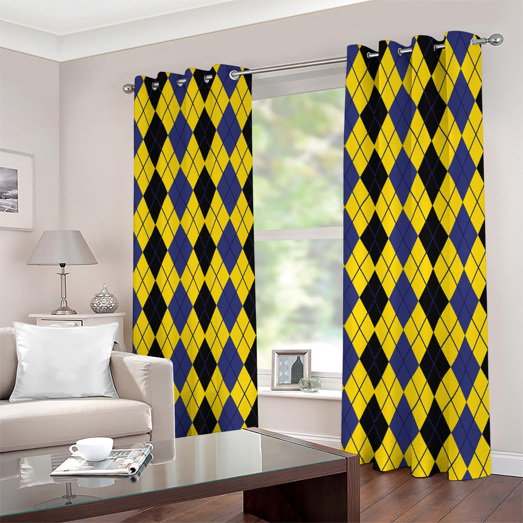 Black Blue And Yellow Argyle Print Extra Wide Grommet Curtains