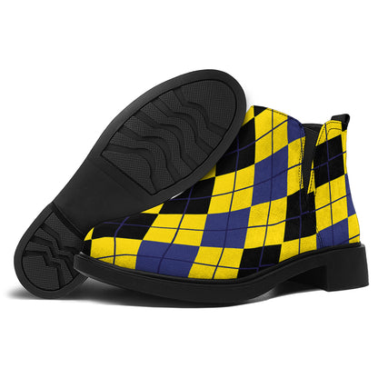 Black Blue And Yellow Argyle Print Flat Ankle Boots