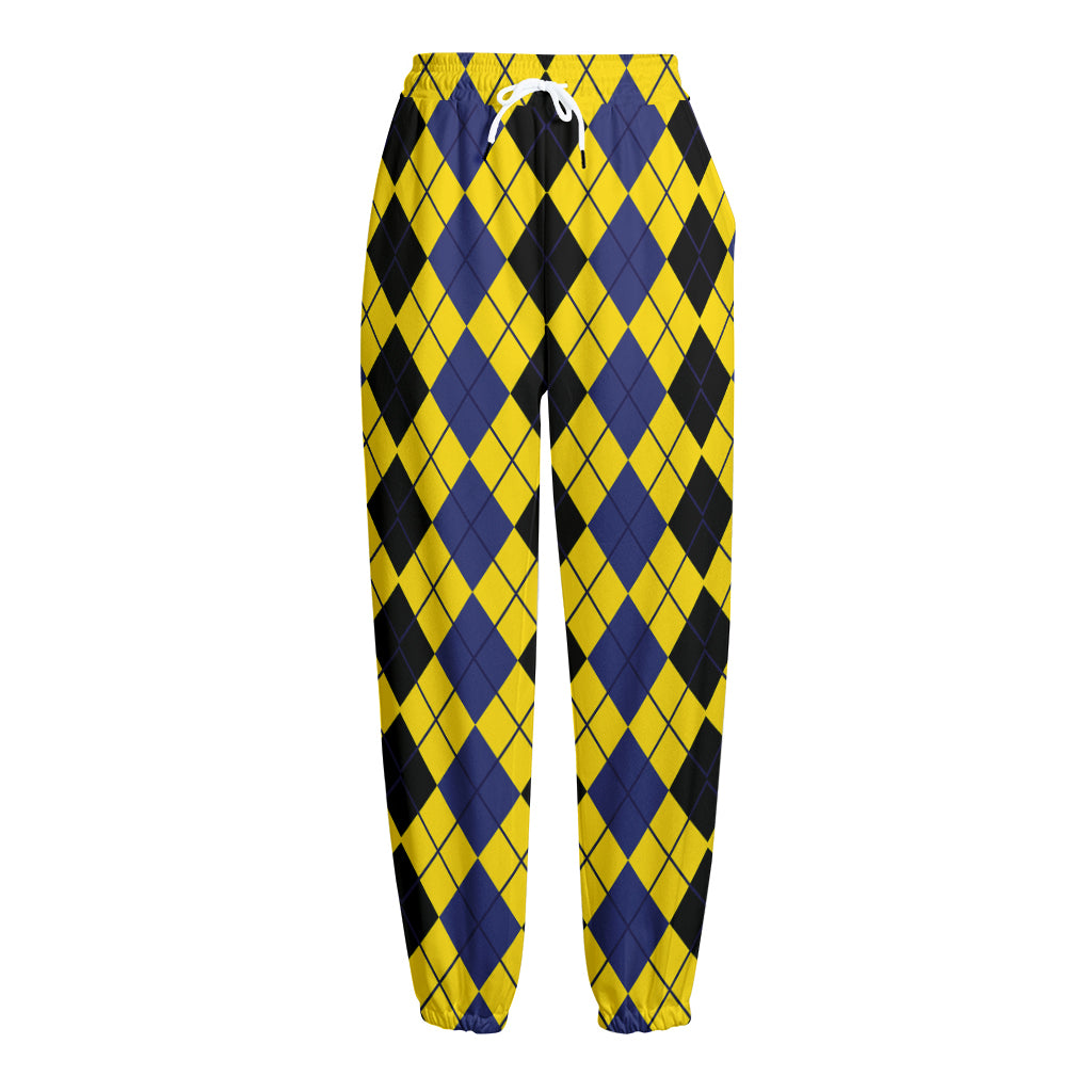 Black Blue And Yellow Argyle Print Fleece Lined Knit Pants