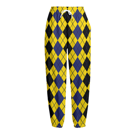 Black Blue And Yellow Argyle Print Fleece Lined Knit Pants