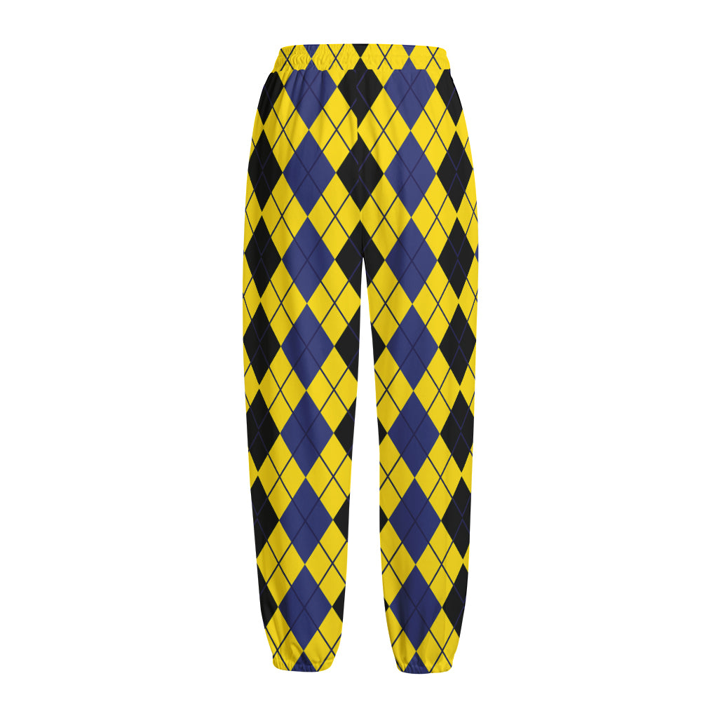 Black Blue And Yellow Argyle Print Fleece Lined Knit Pants