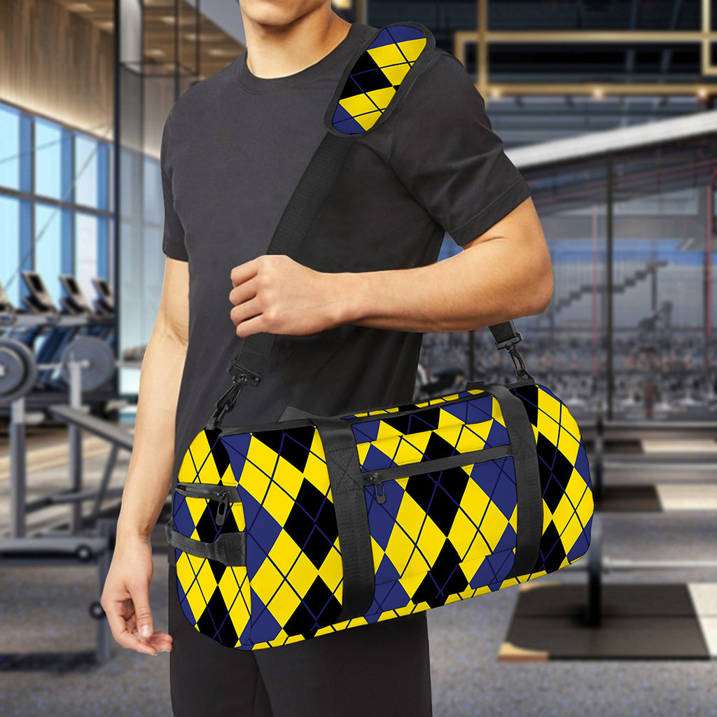 Black Blue And Yellow Argyle Print Gym Bag