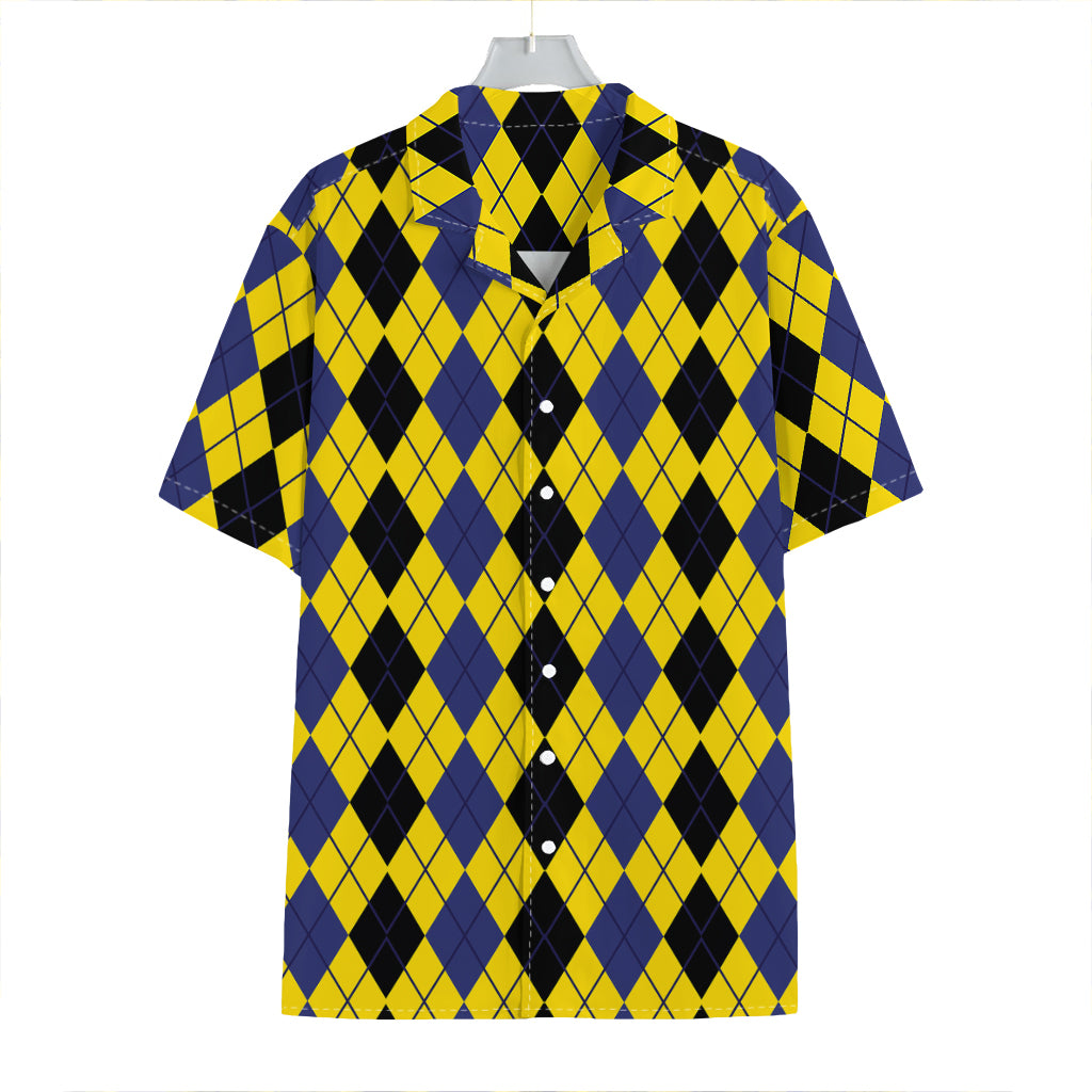 Black Blue And Yellow Argyle Print Hawaiian Shirt