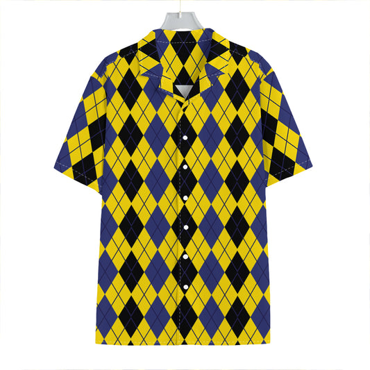 Black Blue And Yellow Argyle Print Hawaiian Shirt