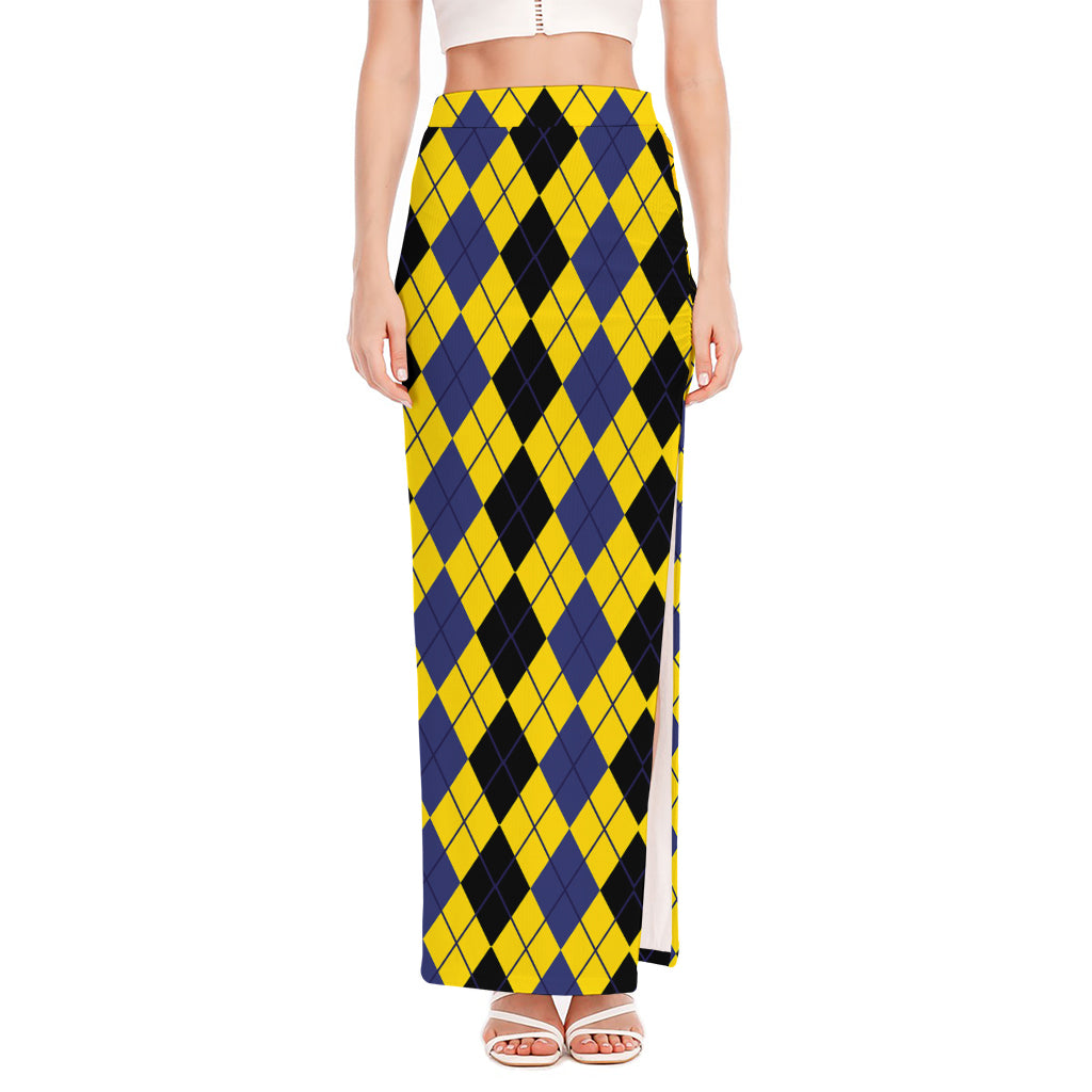 Black Blue And Yellow Argyle Print High Slit Maxi Skirt