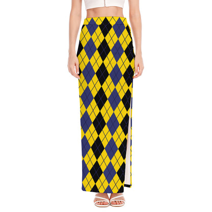 Black Blue And Yellow Argyle Print High Slit Maxi Skirt