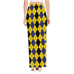 Black Blue And Yellow Argyle Print High Slit Maxi Skirt