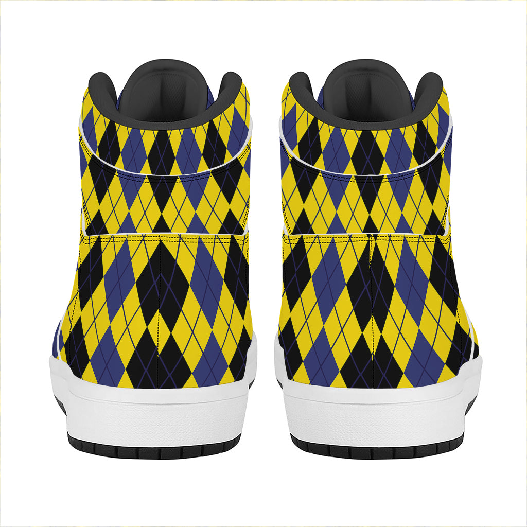 Black Blue And Yellow Argyle Print High Top Leather Sneakers