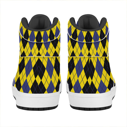 Black Blue And Yellow Argyle Print High Top Leather Sneakers