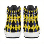 Black Blue And Yellow Argyle Print High Top Leather Sneakers