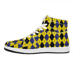 Black Blue And Yellow Argyle Print High Top Leather Sneakers