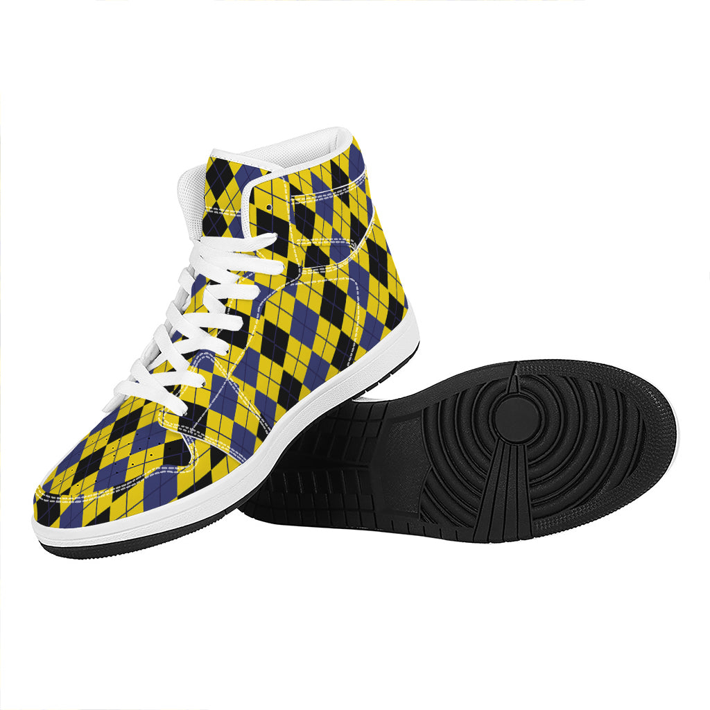 Black Blue And Yellow Argyle Print High Top Leather Sneakers
