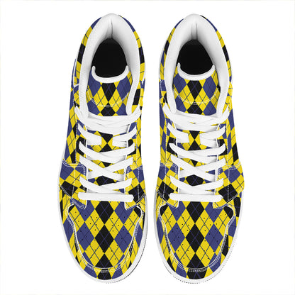 Black Blue And Yellow Argyle Print High Top Leather Sneakers