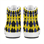 Black Blue And Yellow Argyle Print High Top Leather Sneakers