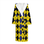 Black Blue And Yellow Argyle Print Hooded Bathrobe