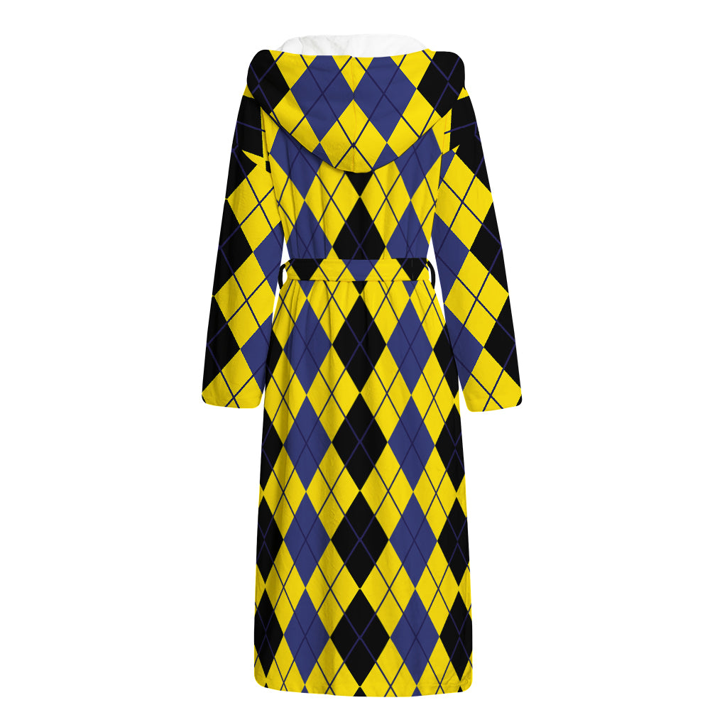 Black Blue And Yellow Argyle Print Hooded Bathrobe