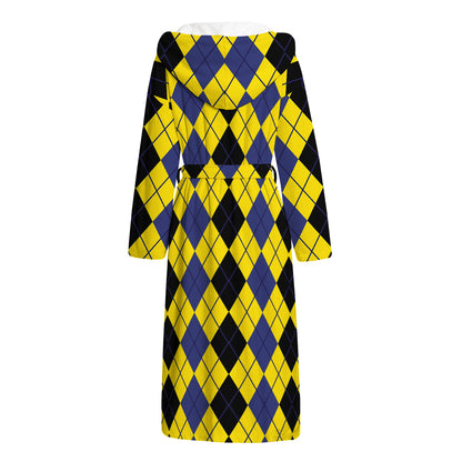 Black Blue And Yellow Argyle Print Hooded Bathrobe