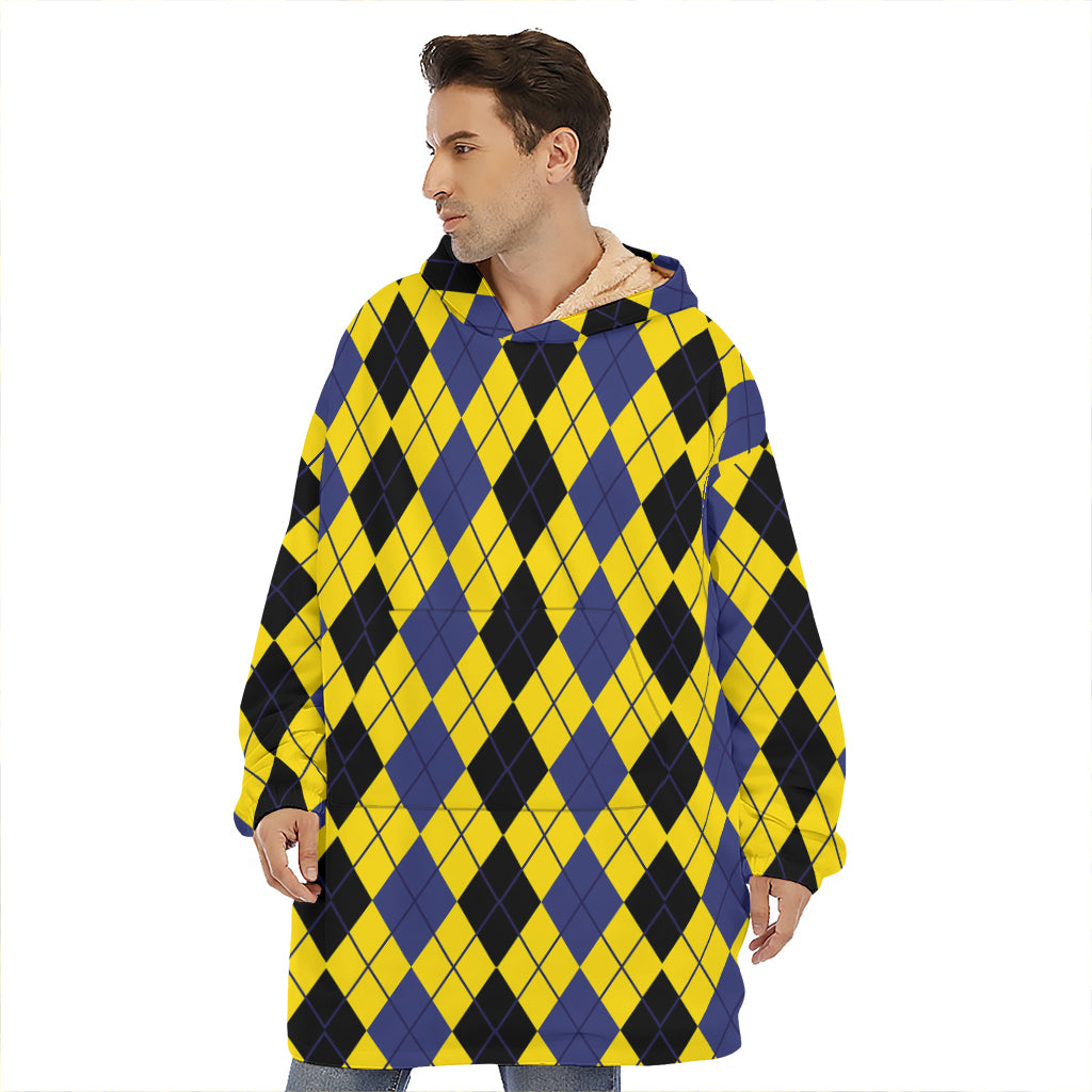 Black Blue And Yellow Argyle Print Hoodie Blanket