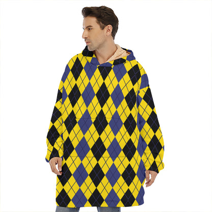 Black Blue And Yellow Argyle Print Hoodie Blanket