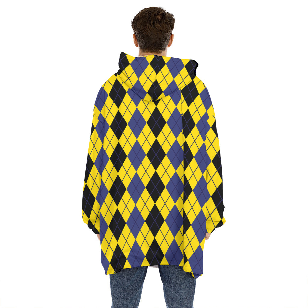 Black Blue And Yellow Argyle Print Hoodie Blanket