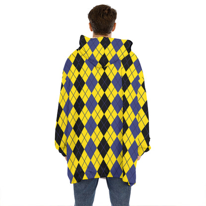 Black Blue And Yellow Argyle Print Hoodie Blanket