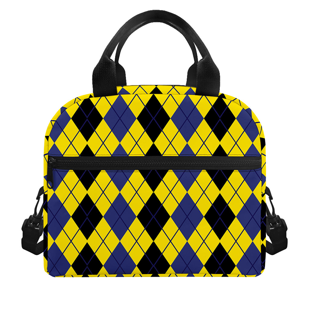 Black Blue And Yellow Argyle Print Insulated Lunch Bag
