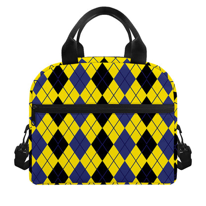 Black Blue And Yellow Argyle Print Insulated Lunch Bag
